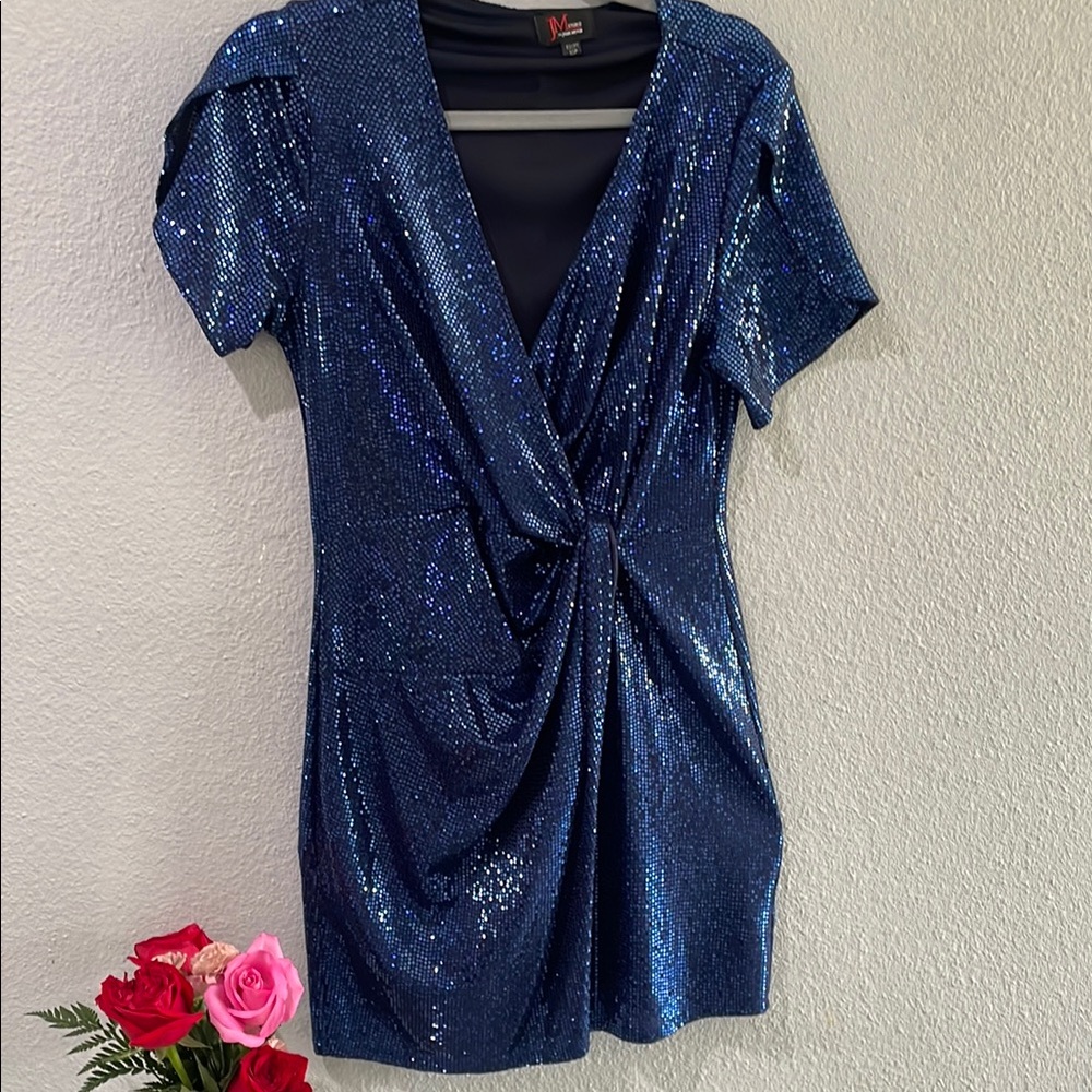 Blue Sequin Short Sleeve Dress